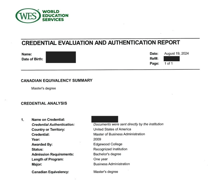 WES Credential Evaluation and Authentication Report dated August 19, 2024, confirming that an MBA degree from Edgewood College is equivalent to a Canadian Master's degree.