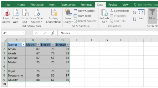data filter in excel