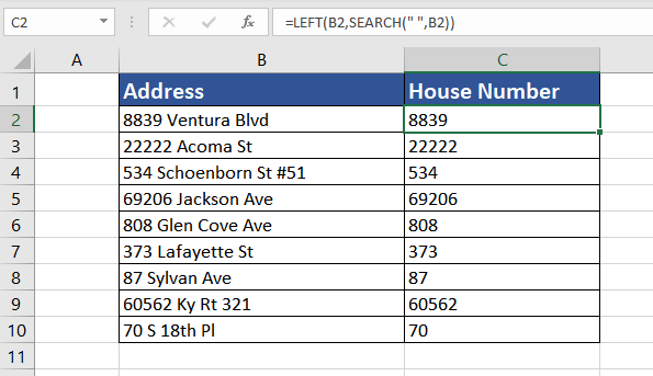 Example of how to extract house number from an address with Excel LEFT function
