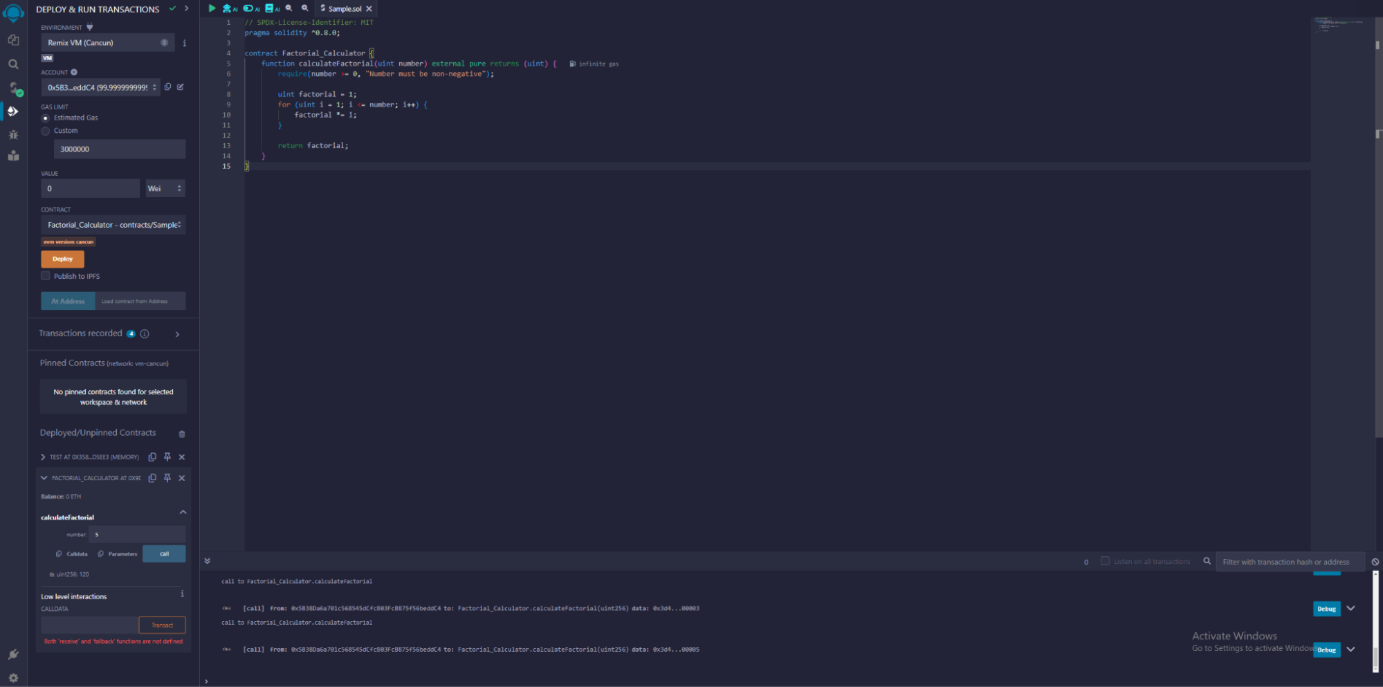 Solidity contract to find factorial of a number