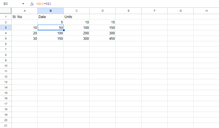 Example of mixed reference in Excel