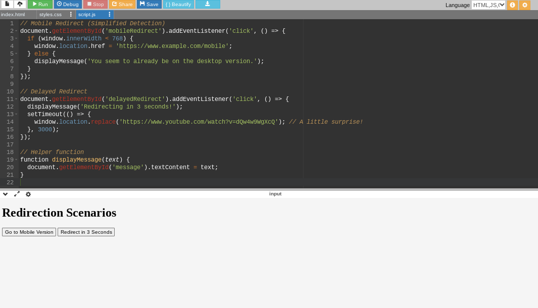 Redirect in JavaScript example