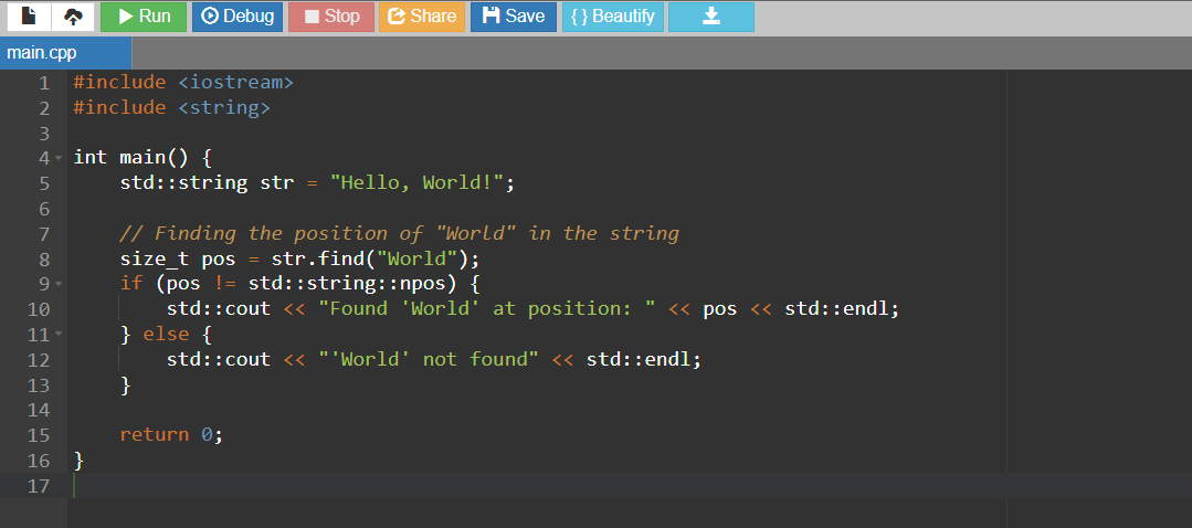 find substring in string C++