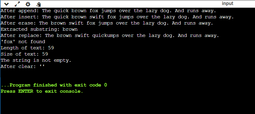 Output of different C++ string methods