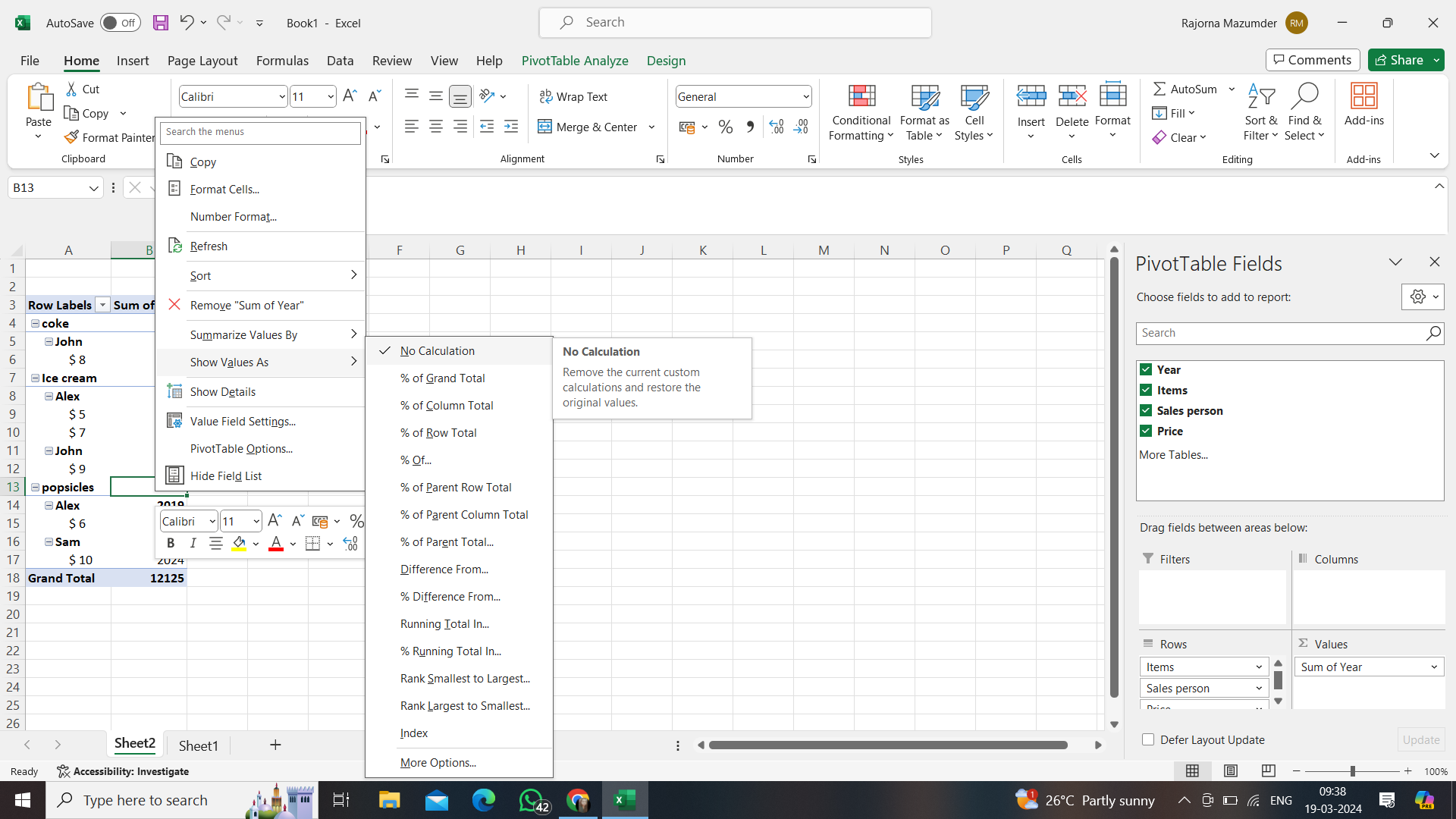 Percentage calculation in MS Excel