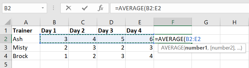 Data table in Excel for using =AVERAGE Formula
