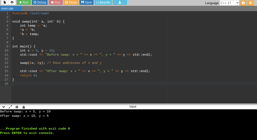 C++ pointer program example