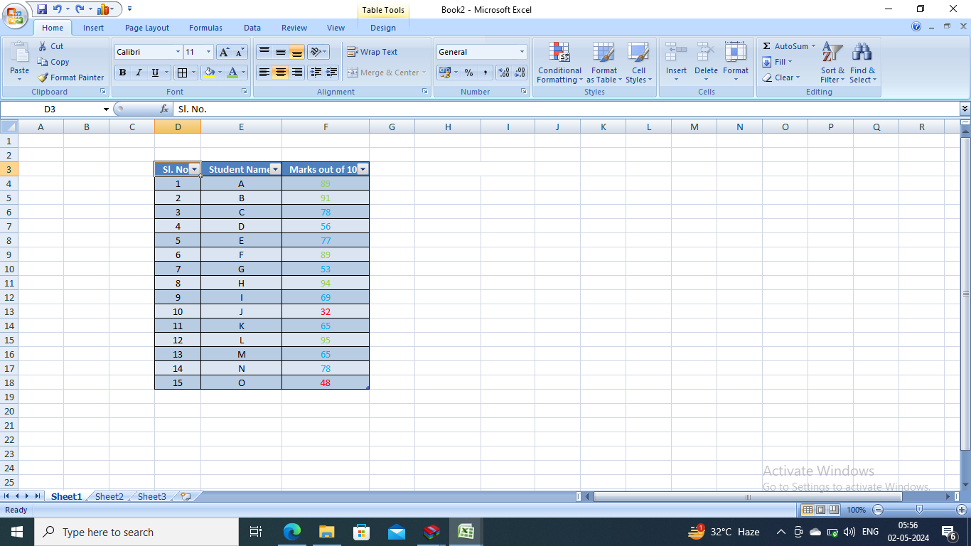 Creating a table in MS Excel 