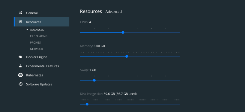 Docker Desktop Resources settings with CPU and Memory allocation sliders