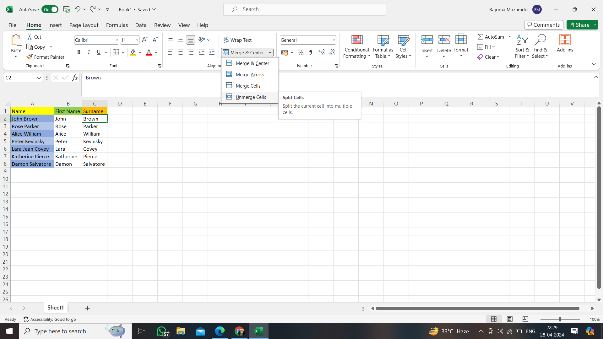 Unmerging of cells in Excel