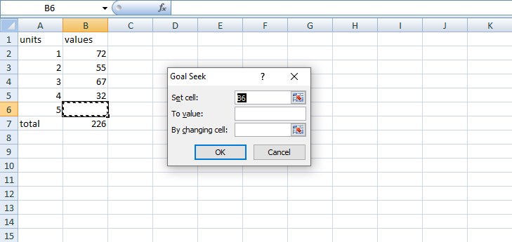 Goal seek window 