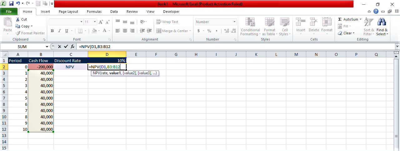 Selecting the columns of cash flow into the formula