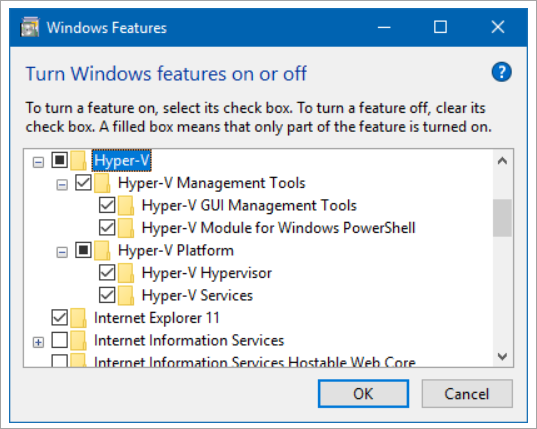 HyperV checkbox highlighted in Turn Windows Features on or off the window