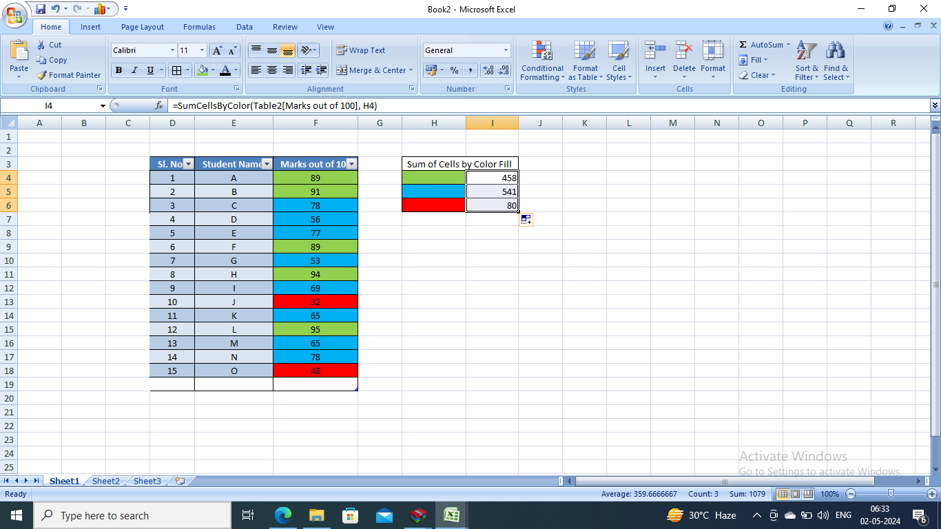 Application of the Sum Cells by Color function