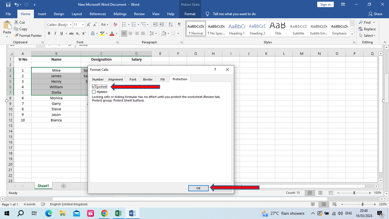 Locked’ option is checked by default and click ok