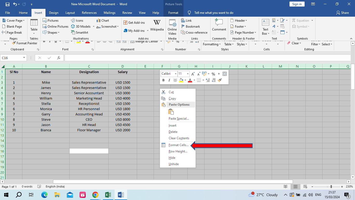  Click ‘Format Cells’