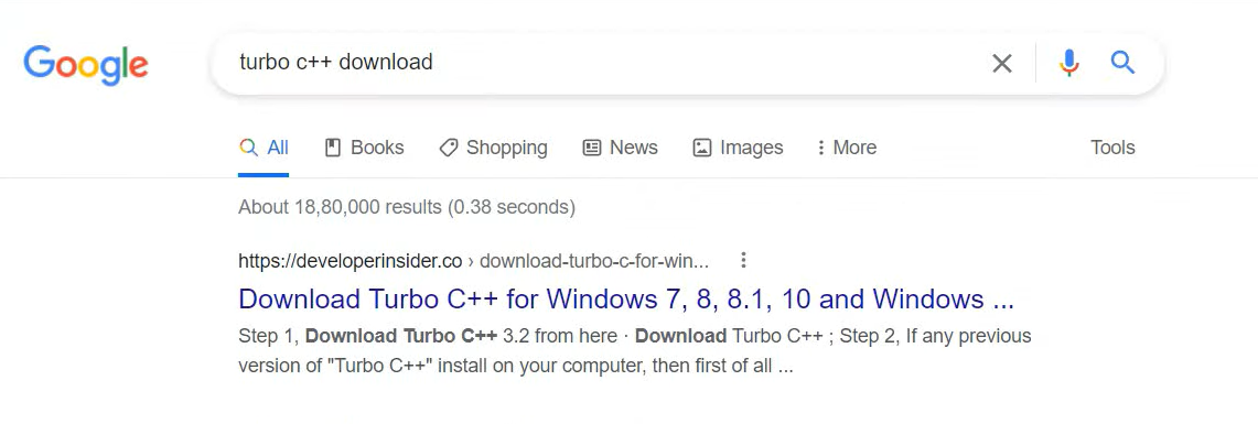 Google search result for Turbo C++ Download