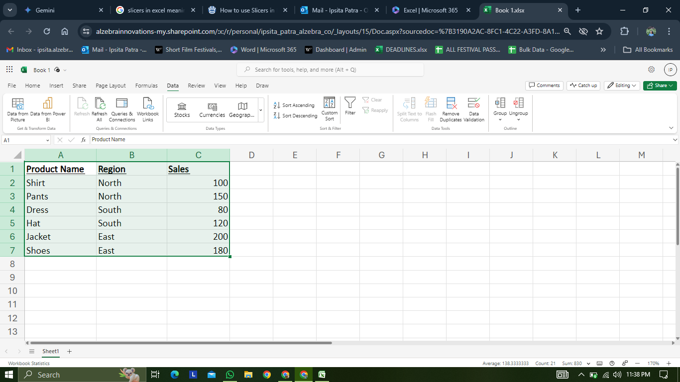  A sample data table in your excel