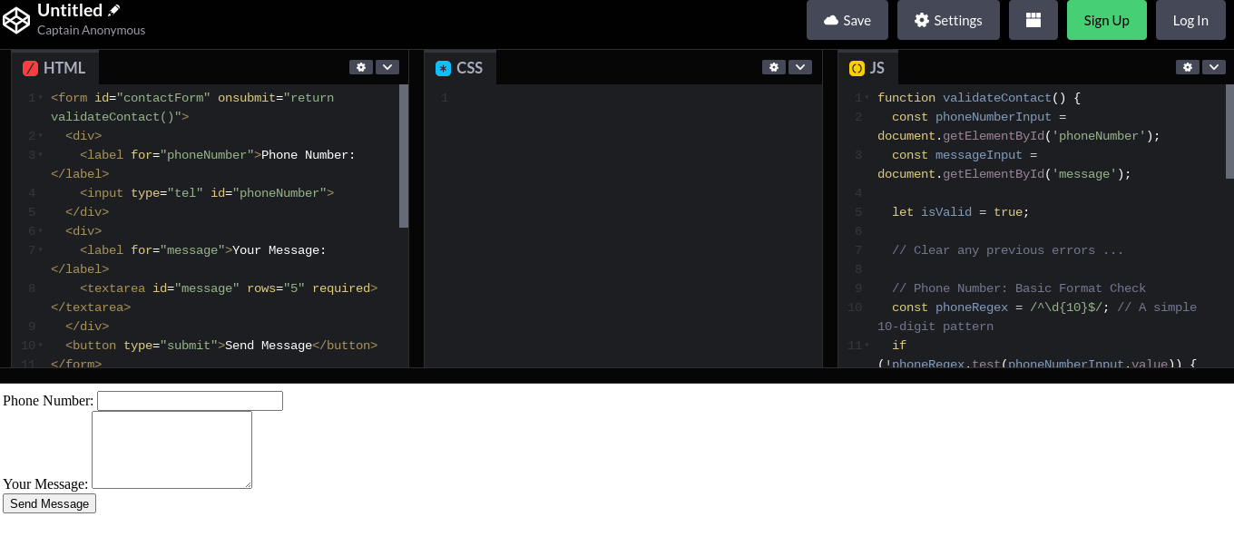  JS form validation project on Codepen