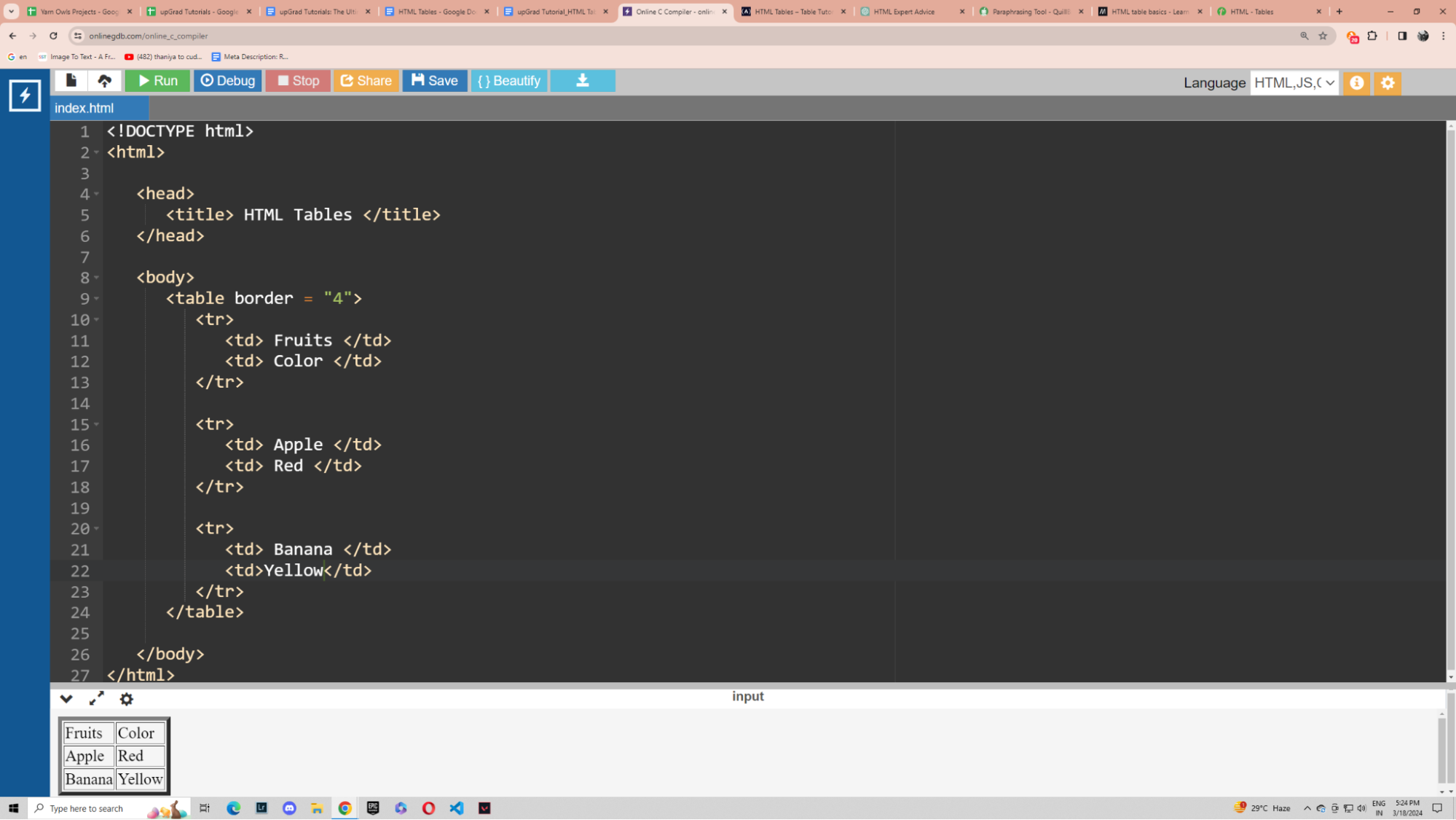 HTML table format