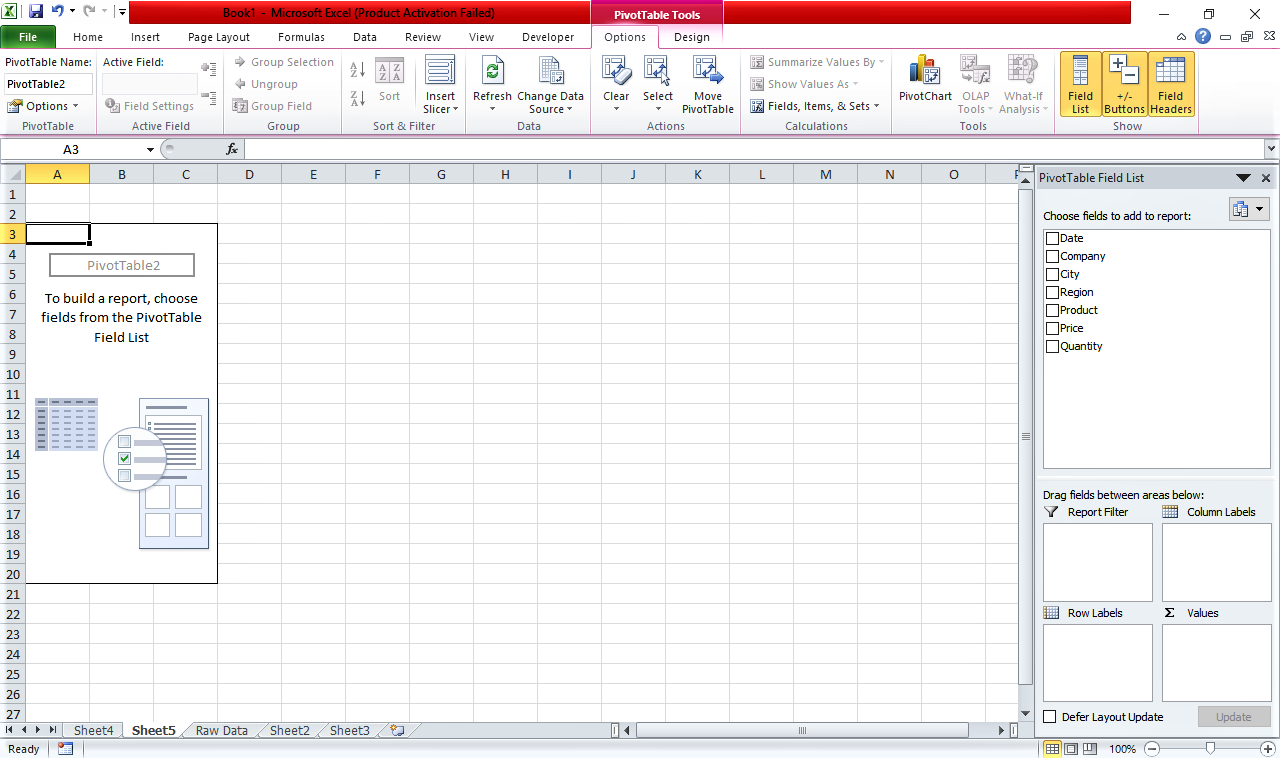 New Sheet with pivot table field list tab
