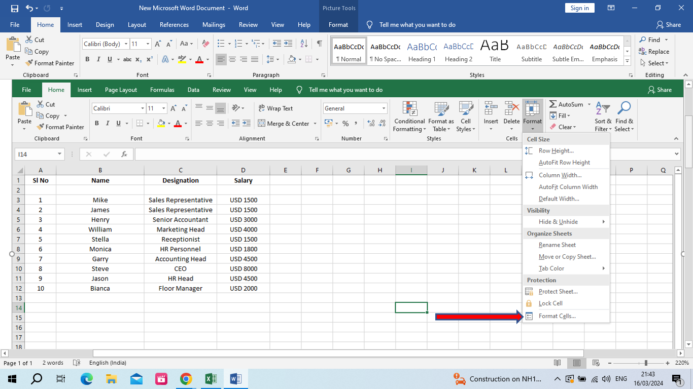 Format cells option