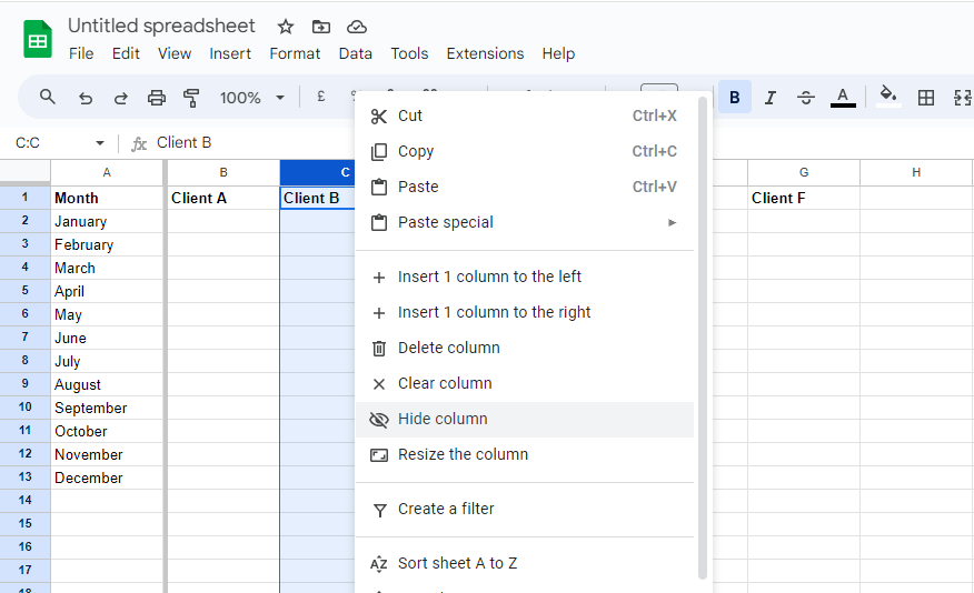 Hide column in Excel