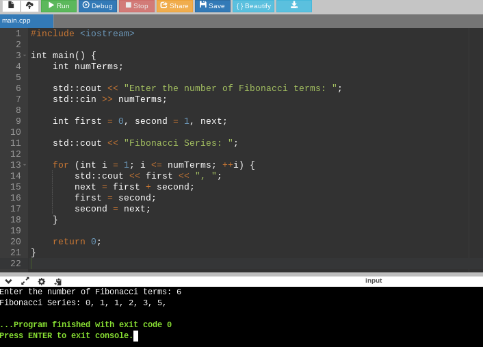 Generating Fibonacci numbers program in C++