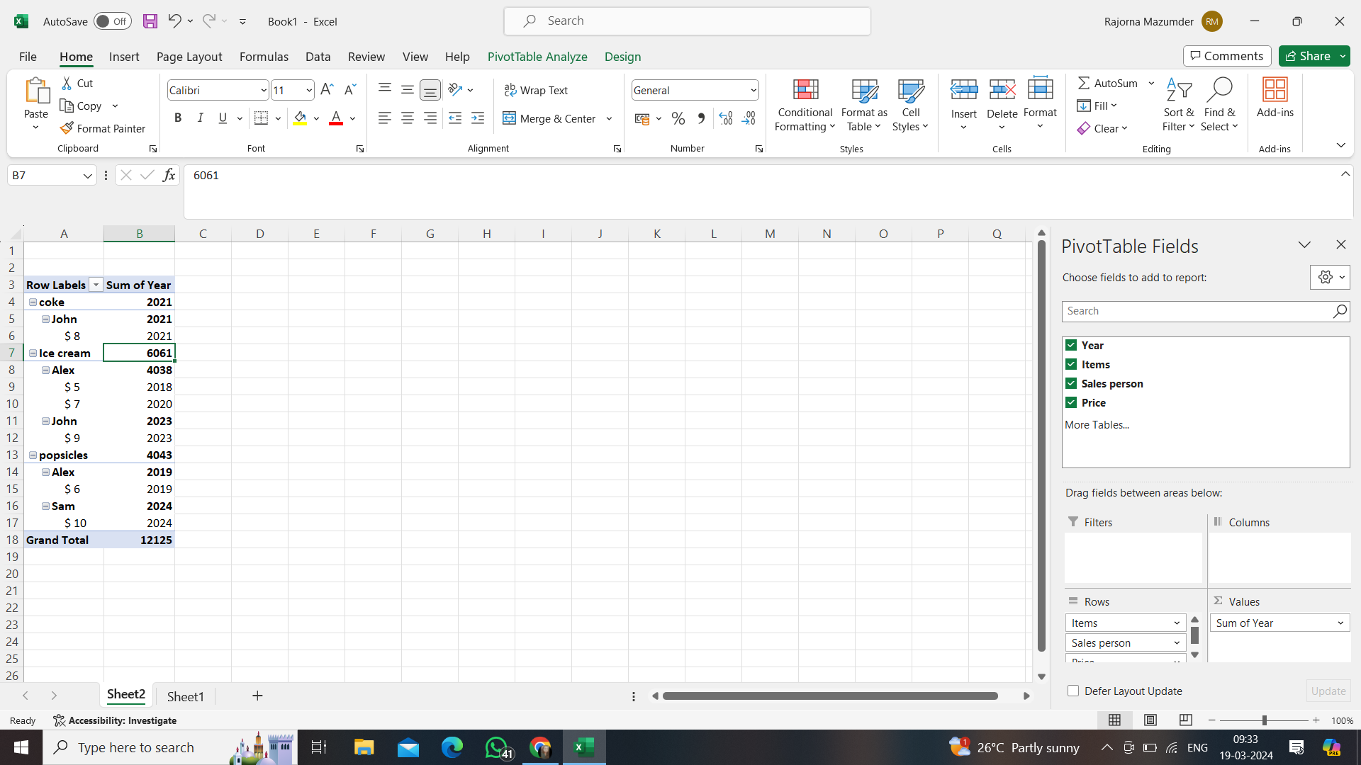 A pivot table in MS Excel