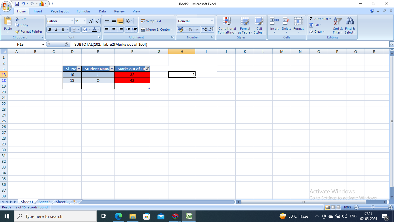 Result for number of red colored cells