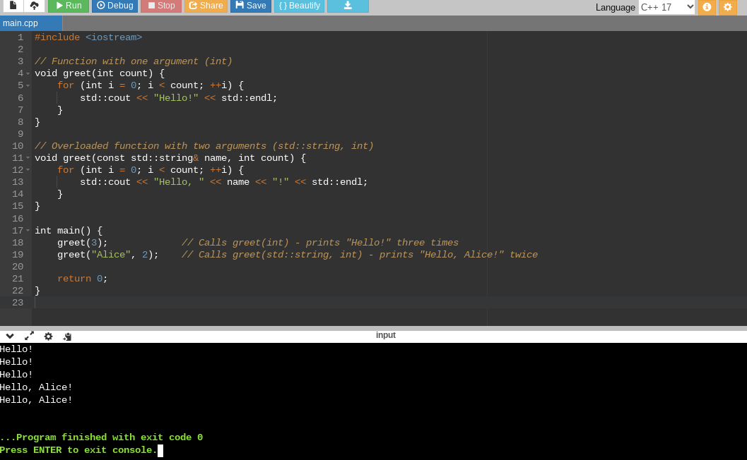 Function overloading in C++ example