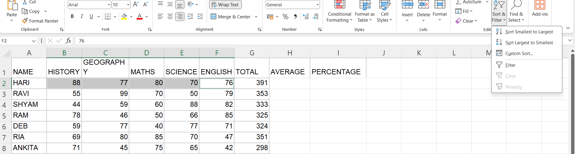 Sample Excel Sheet showing the best ways to sort numerical data