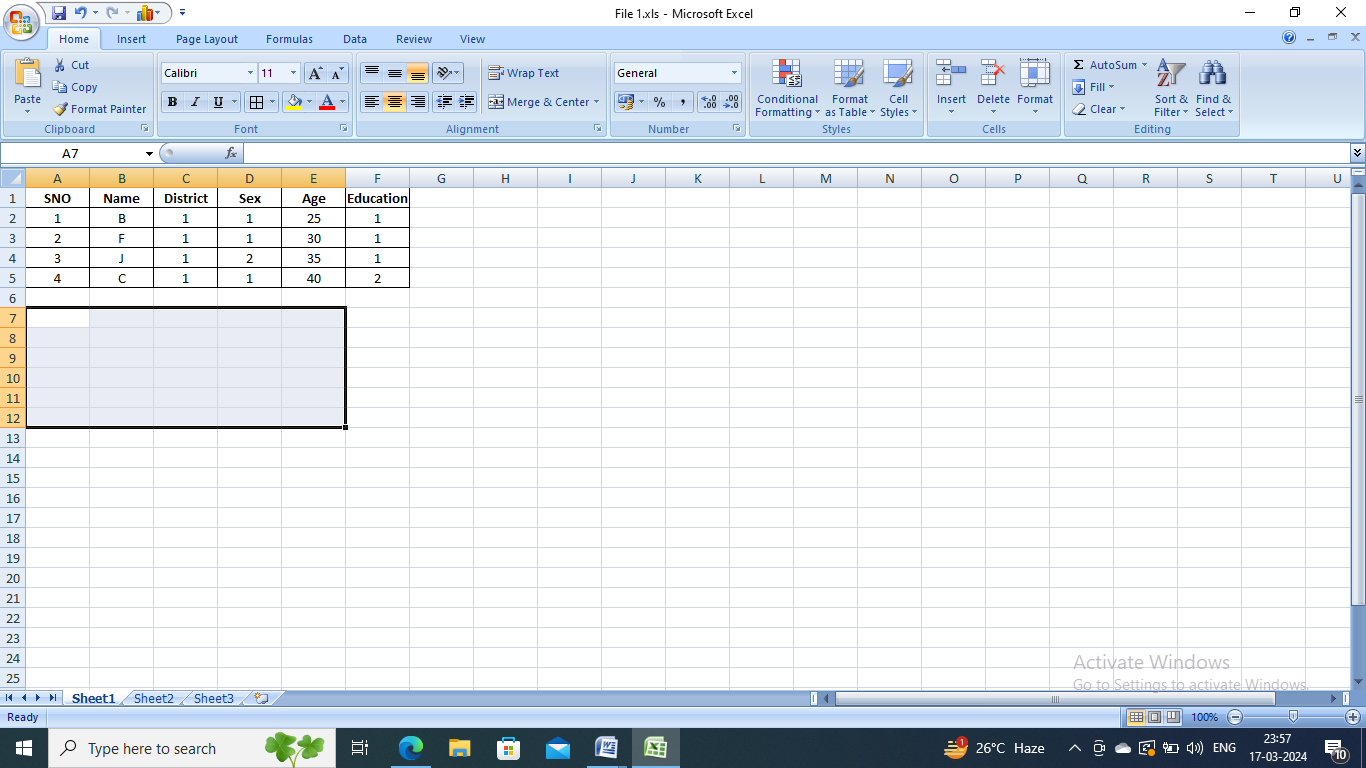 Select the same number of rows and columns as in the original dataset