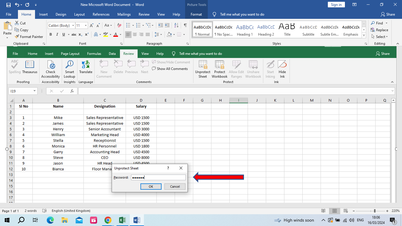  Insert password to unprotect sheet