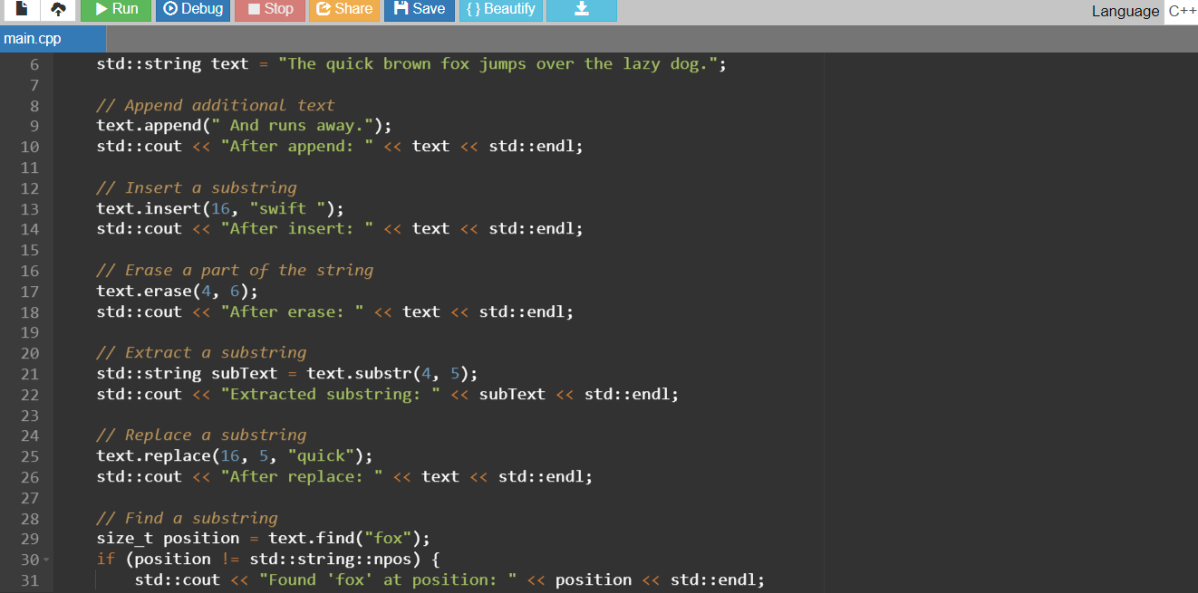 Implementing different C++ string methods