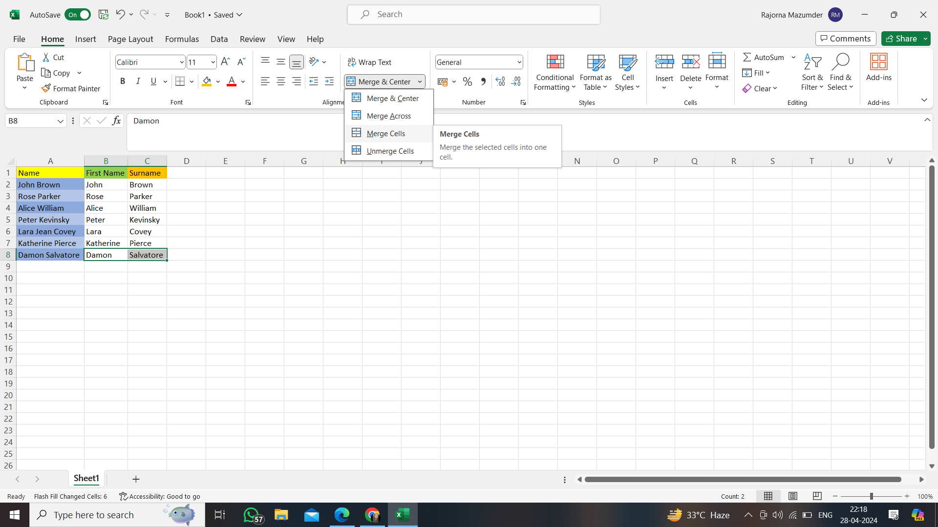 Merging of cells in Excel