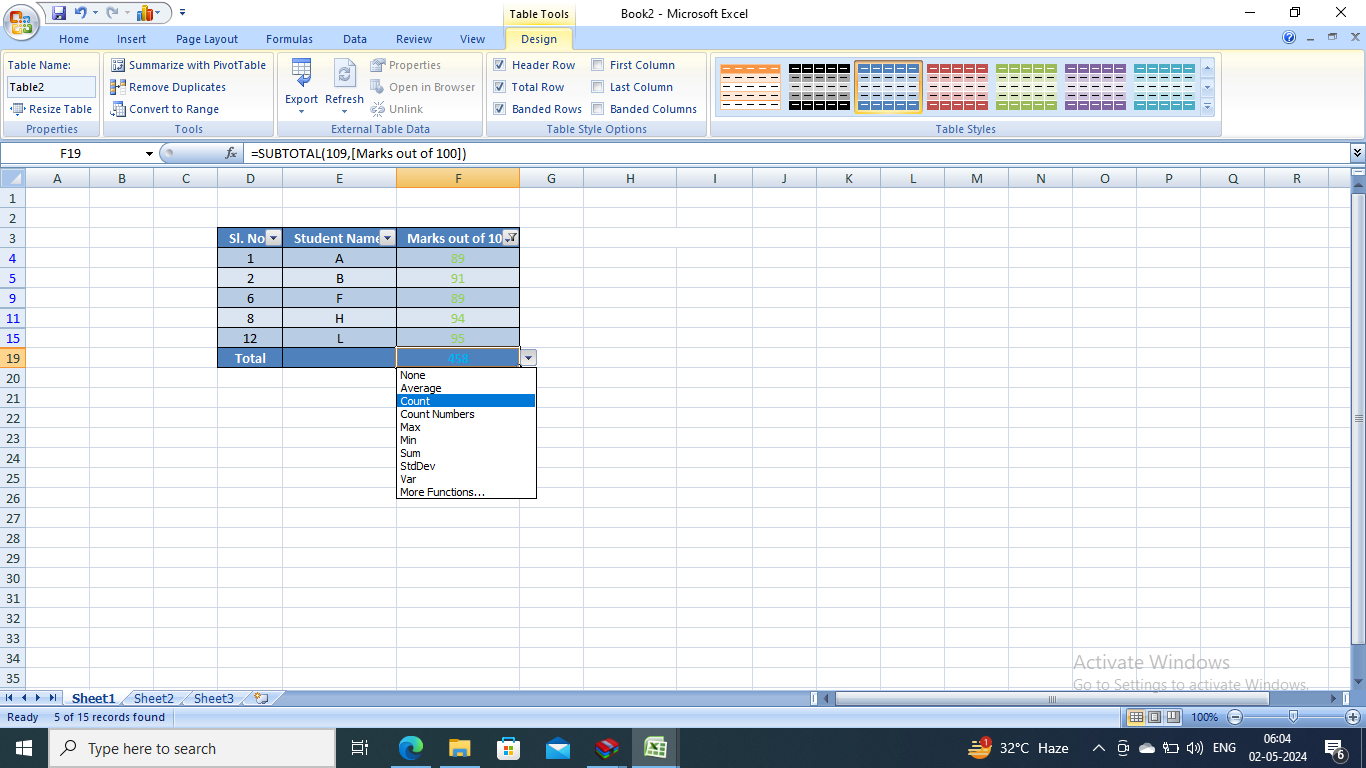 Choosing the count option from the total value cell
