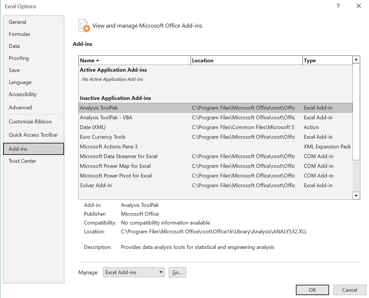 How to install Data Analysis Tool Pack