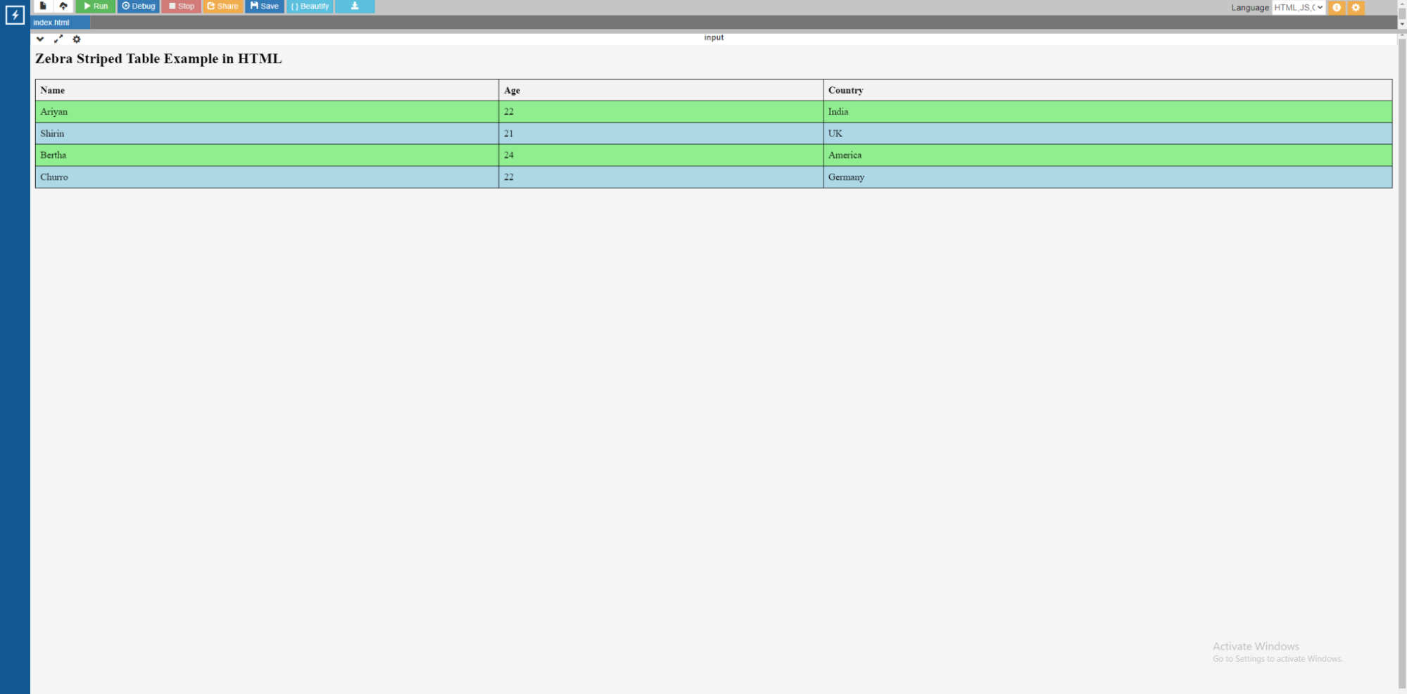 Output Zebra stripes HTML table example