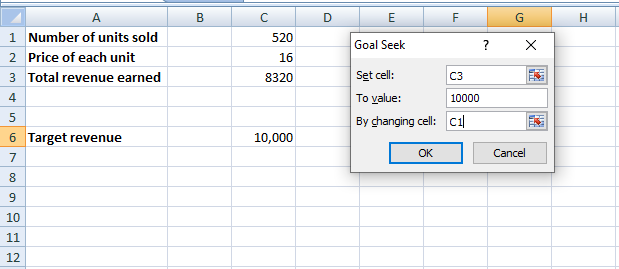 Goal seek window