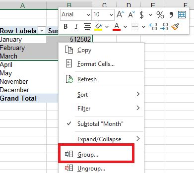 Data grouping option