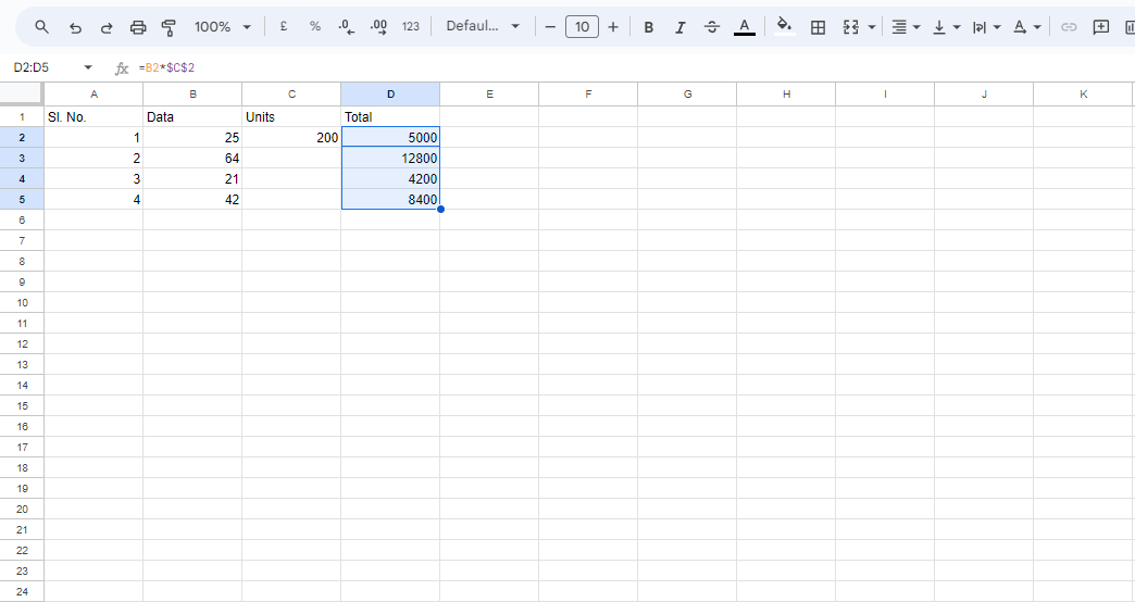 Example of absolute reference in Excel 