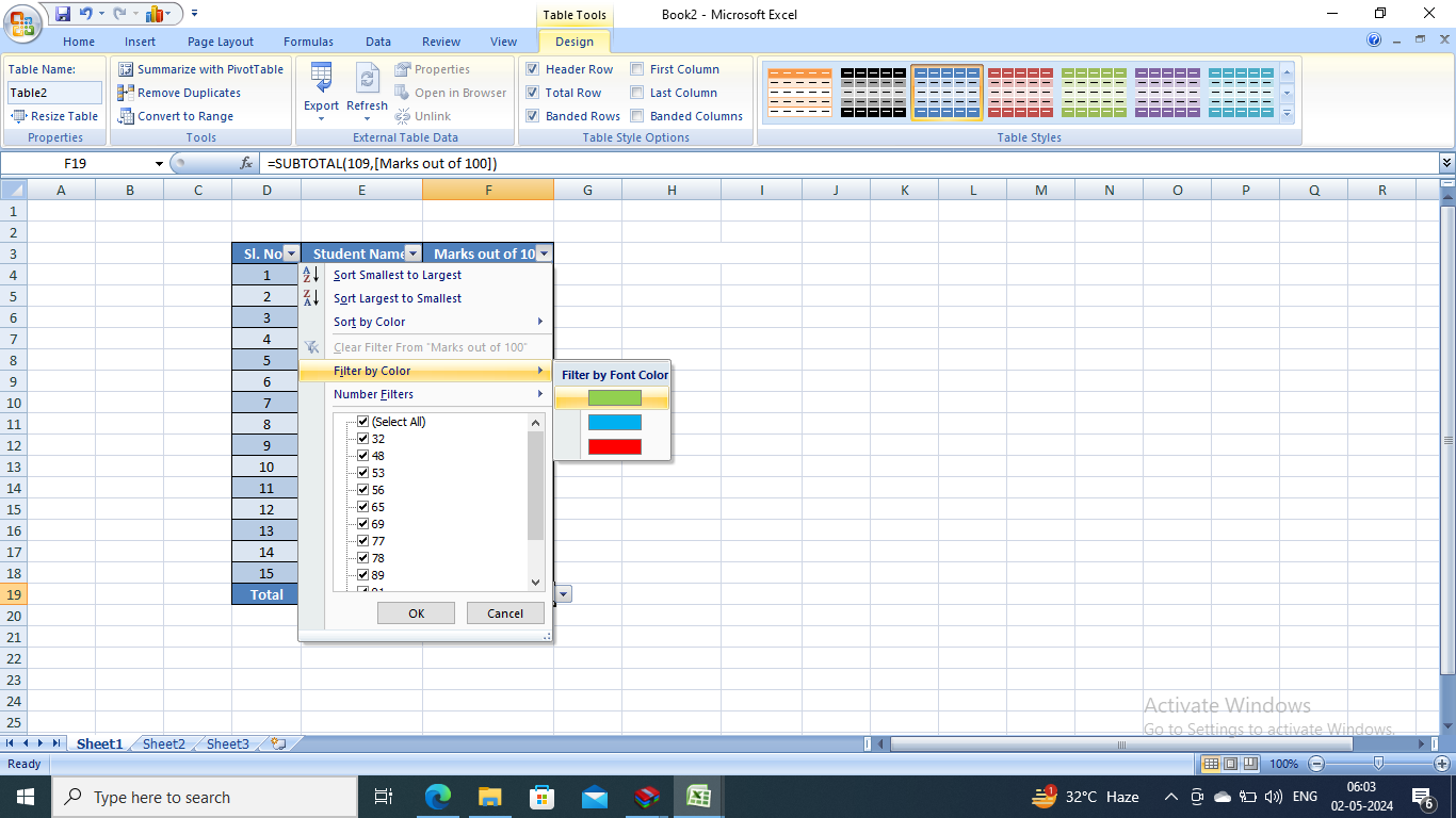 Filter by font color option 
