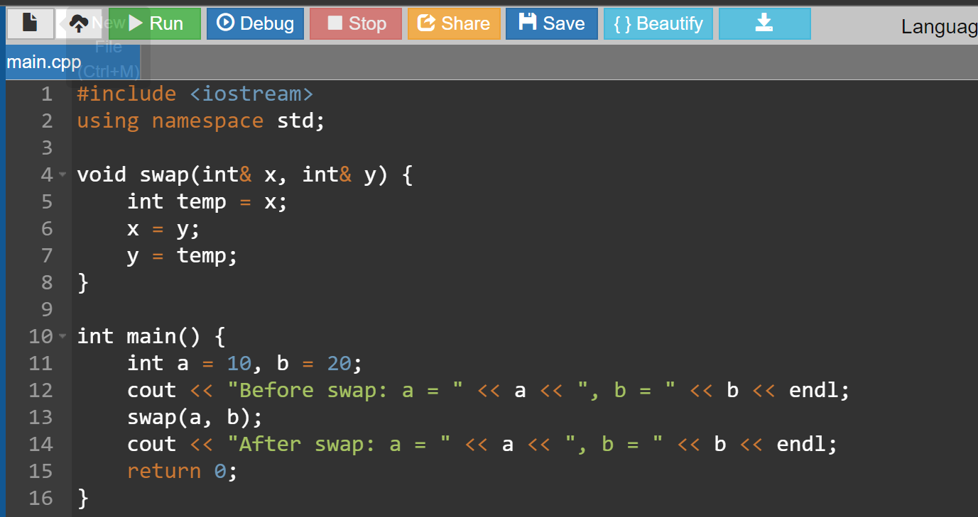 Swap program using reference variable in C++