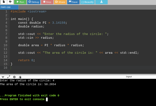 Calculating area of a circle program in C++