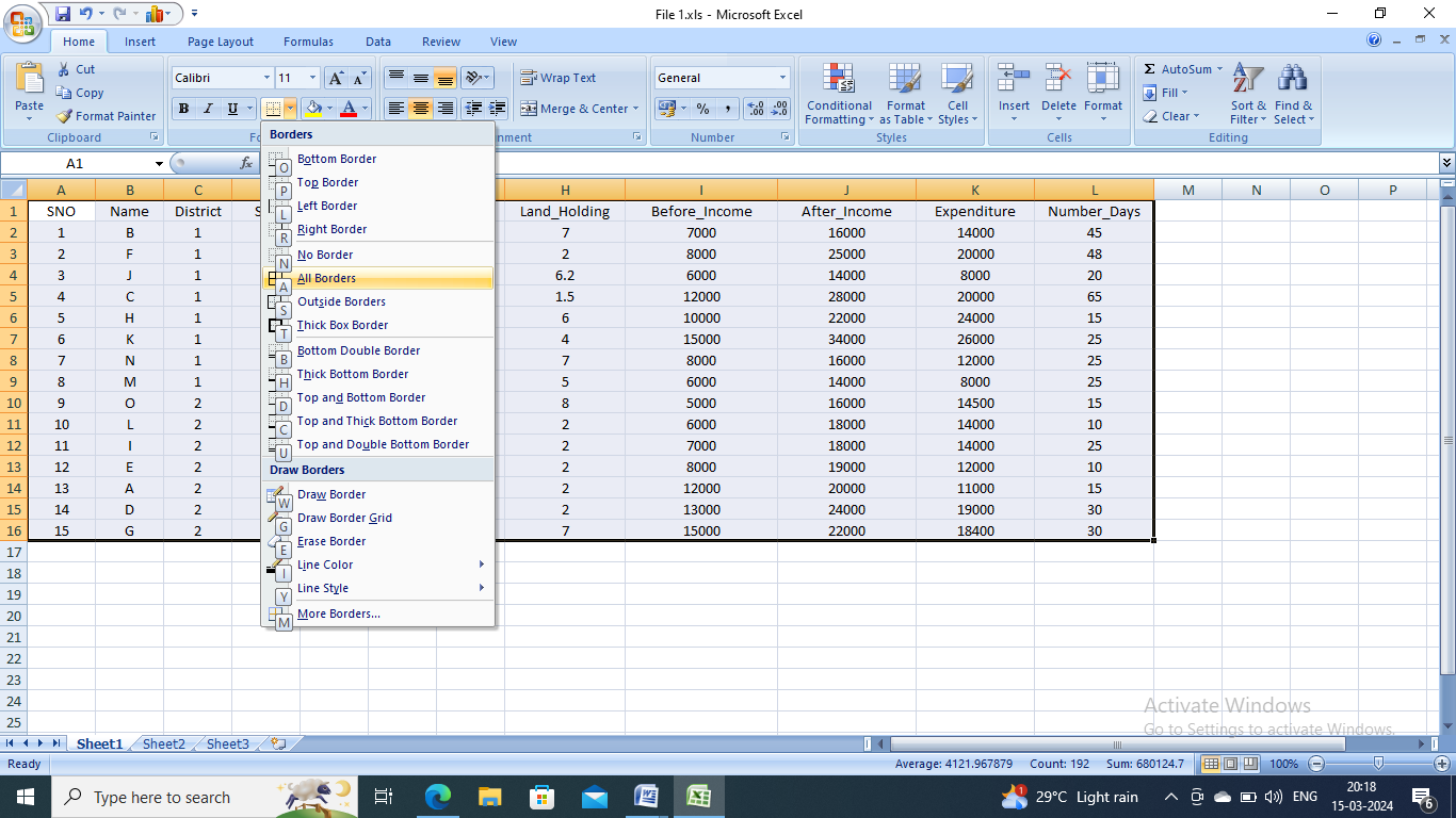 Shortcut to adding borders in Excel