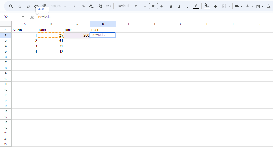 Example of absolute reference in Excel