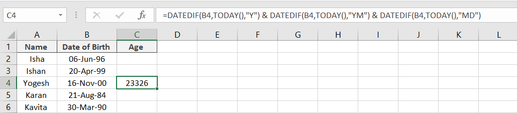 Combining the results of the DATEDIF formula
