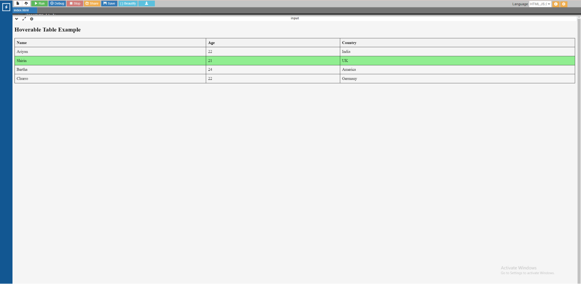 Output for hoverable HTML table