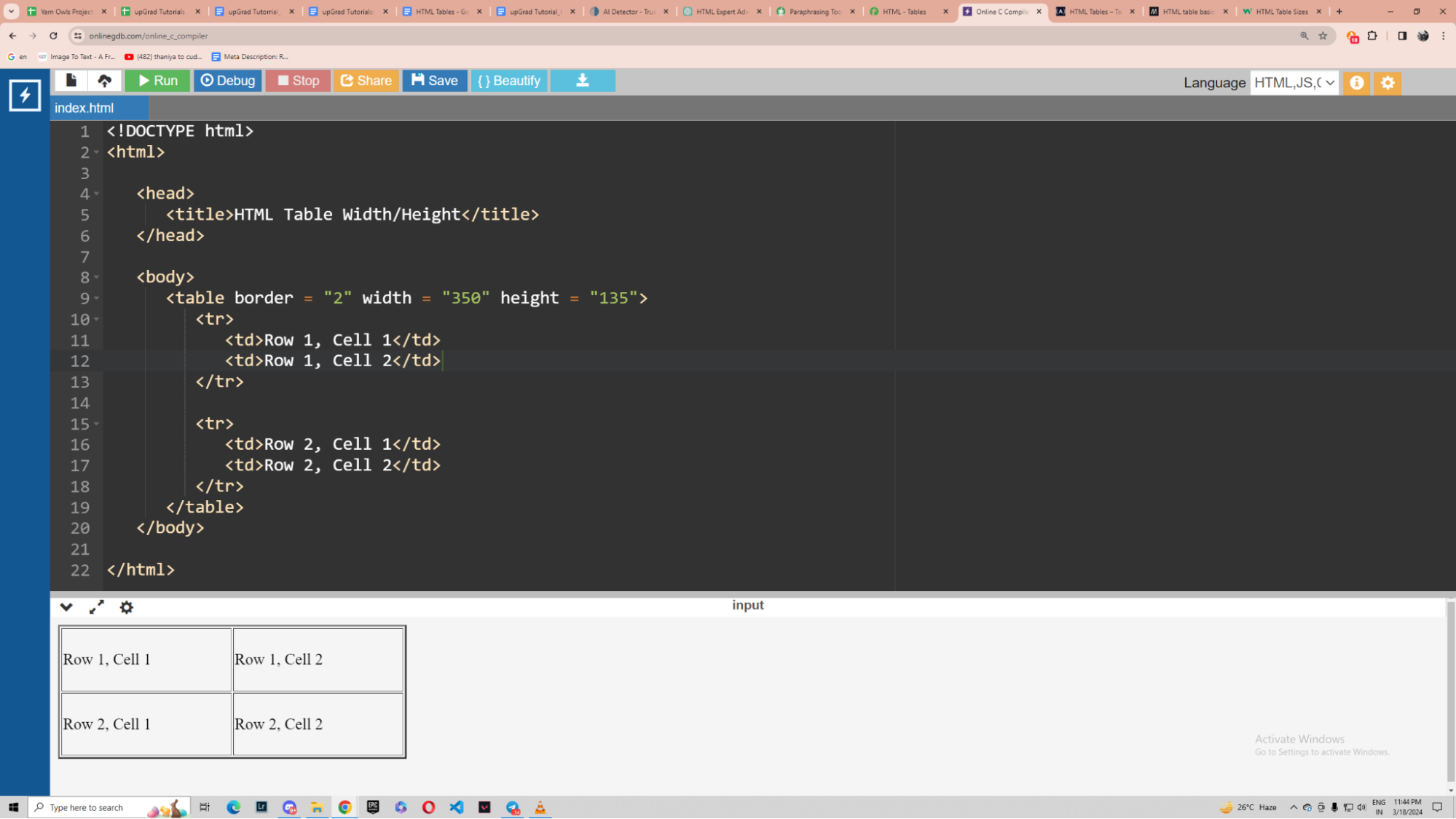 variable HTML table height and width